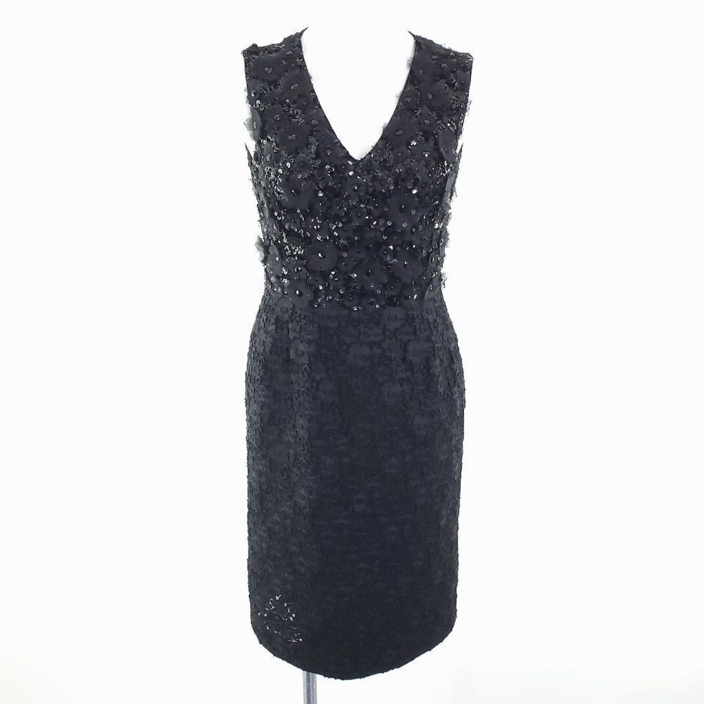 Escada Silk Wool Sequin Floral Applique Formal Sheath Dress Black sz 36 sz 6